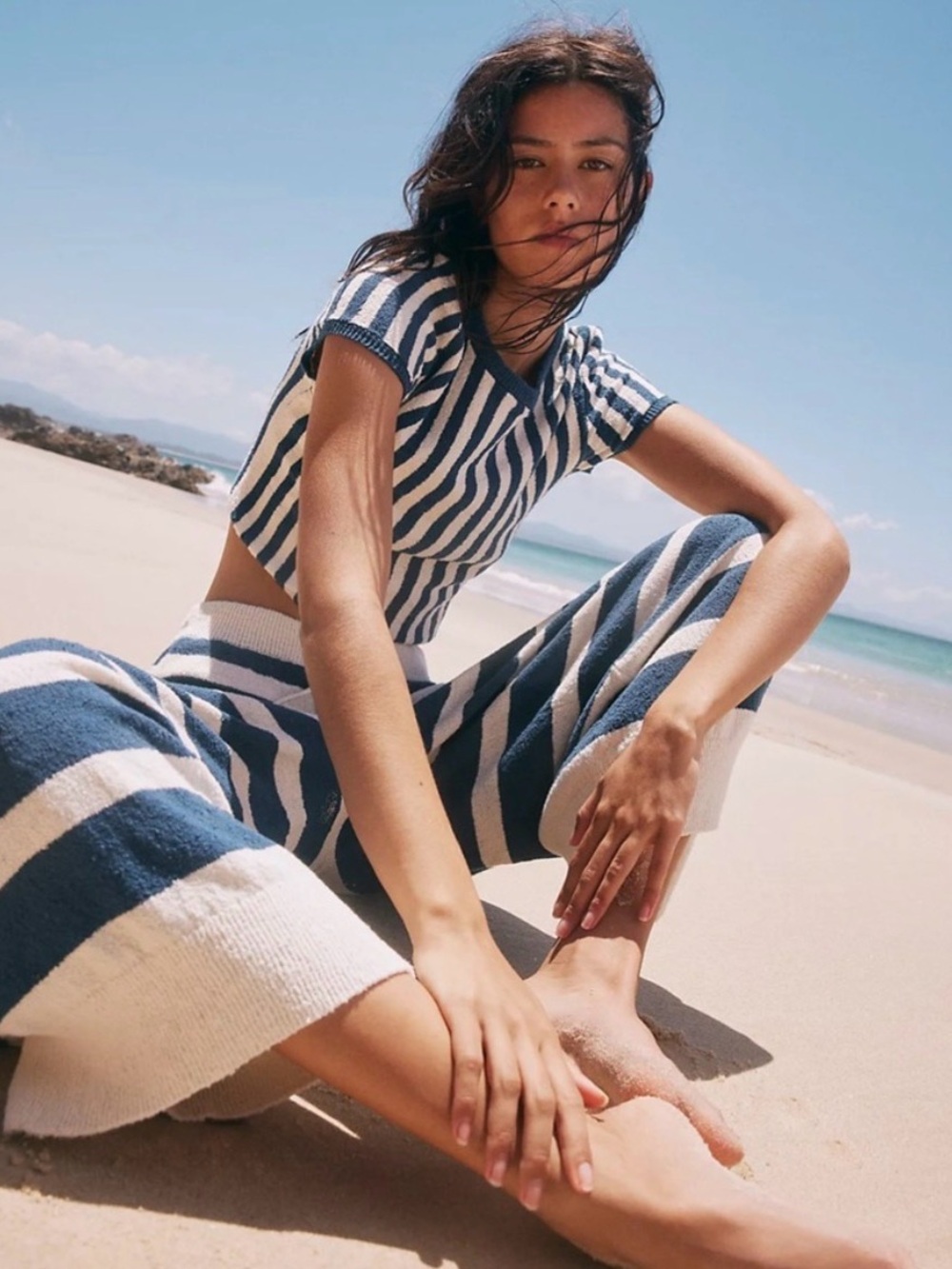 free People Beach Striped Knit Two-Piece Set in Navy and Cream - Picture 2 of 3